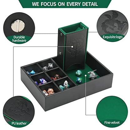 Grajar 3 in 1 Dice Tray with Lid, Portable Dice Box Storage, D&D RPG MTG Table Games (Green) - color: Green