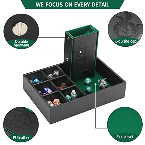 Grajar 3 in 1 Dice Tray with Lid, Portable Dice Box Storage, D&D RPG MTG Table Games (Green) - color: Green