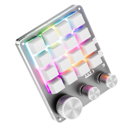 16 Key Programmable Macro Pad, One Handed Hotswap Custom Keyboard 3 Layer Shortcut Keypad with 3 Knobs Type C BT Connection, for Gaming Video Editing