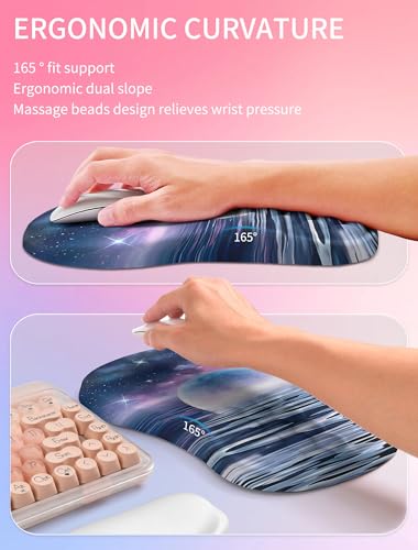 Hokafenle 2in1 Combination, Wave Keyboard Wrist Rest and Ergonomic Curvature Mouse Pad Wrist Support for Relieve Wrist Pain, Filled with Soft Cushion Memory Foam, Moonlit Starry Sea - color: Moonlit Starry Sea