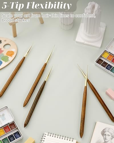 EORTA 5PCS Long Liner Detail Paint Brushes, Sandalwood Handle Fine Line Artist Brushes for Watercolor, Acrylic & Oil – Precision Edge, Outline & Micro Detail Painting (0.6/0.9/1.2/1.5/1.8)