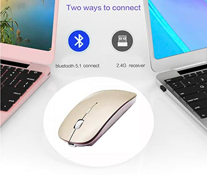 PeiBO Bluetooth 5.2 Wireless Mouse, Gold, Rechargeable, Ergonomic Design, Compatible with Laptops and Tablets - color: GOLD