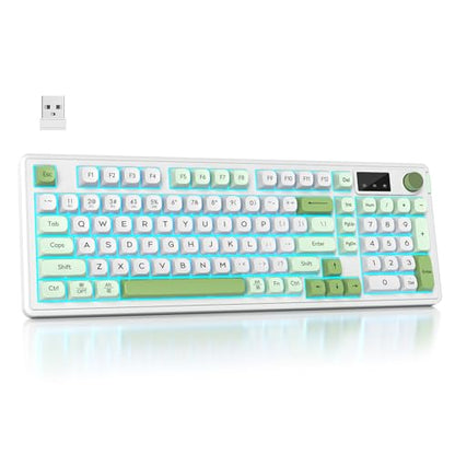 RGB Mechanical Feel Membrane Wireless Keyboard, Wired/Bluetooth/2.4G Silent ABS Ball Cap Gasket Structure Gaming Office Keyboard for PC/Mac/Win(White Green) - color: White green