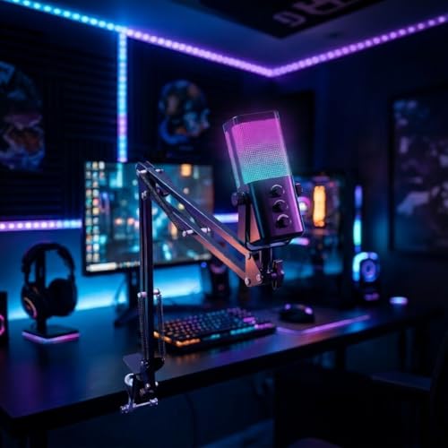 M7 USB Gaming Microphone with Boom Arm - Professional RGB Condenser Mic for PC/PS5 - Triple-Knob Control (Mic Gain, Headphone Vol, Monitor Mix) - Zero Latency Streaming Kit Mic Black - color: M7 arm stand