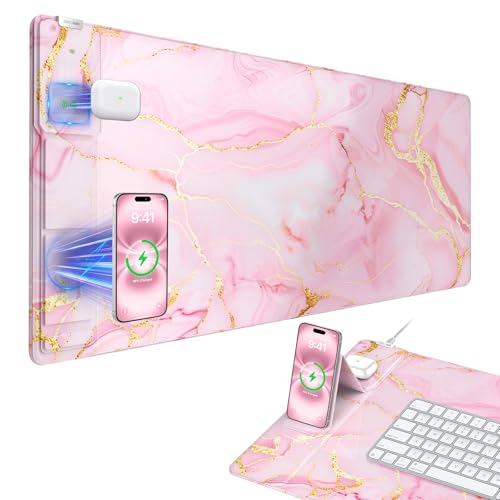 Wireless Charging Mouse Pad with Phone Holder, 31.5"x15.8" in, Pink Marble | Large Desk Mat for Laptop/Keyboard, Waterproof Ultra-Smooth Surface, Non-Slip Base - color: Pink Marble-Phone Holder-31.5"x15.8"