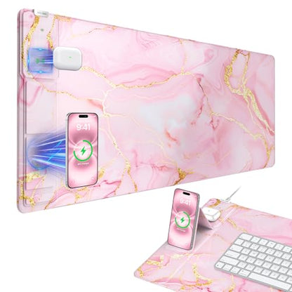 Wireless Charging Mouse Pad with Phone Holder, 31.5"x15.8" in, Pink Marble | Large Desk Mat for Laptop/Keyboard, Waterproof Ultra-Smooth Surface, Non-Slip Base - color: Pink Marble-Phone Holder-31.5"x15.8"