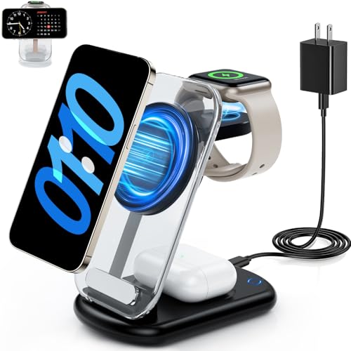 2026 Traveling Wireless Mag-Safe Fast Charging Station,Magnetic 3 in 1 Charger with Light for iPhone 17 16 15 14 13 12 Pro Max Plus,Apple Watch & Air pods 4 3 2 Pro-Gifts for Wife & Husband(Black) - color: Black