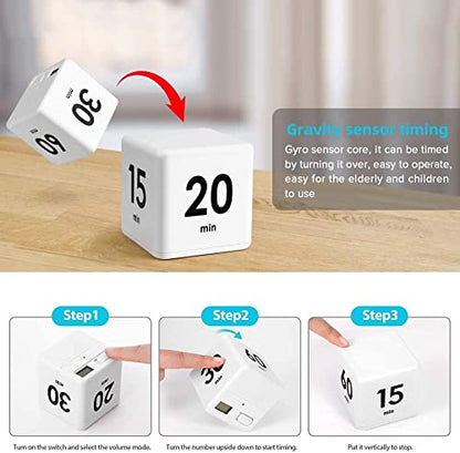 JOYIT 2 Pcs Cube Timer Set - 2.6 Inch Gravity Sensor Flip Digital Timers for Countdown and Time Management, Featuring 1-10 Minute and 15-60 Minute Settings for Kids and Adults - color: White 2pcs