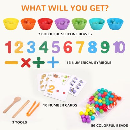 Wooden Peg Board Bead Game, Montessori Arithmetic Math Toy Set | beads, chopsticks & spoons, children's preschool fine motor toys for 3 4 5 years old