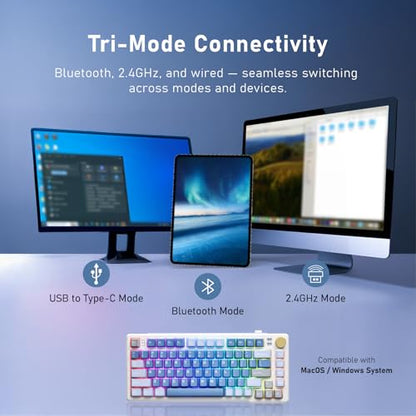 iRocks K103R Wireless Rechargeable RGB 75% Mechanical Gaming Keyboard, Hot Swappable Pre-lubed Switches, 81 PBT Keys, Gasket Mount, USB-C Detachable Cable (Ocean Blue, Bubble Switch) - color: Ocean Blue, size: Bubble Switch