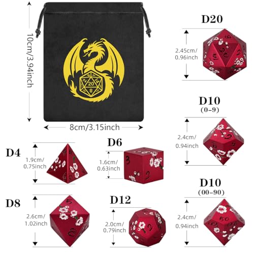 Metal Dice Set, Flat Face Red Plum Blossom Pattern, 7pcs Polyhedral Metal DND Dice Set, DND Starter Set, D&D Gifts with Gift Bag, Role Playing Board Games Accessories, Red - color: Red With Gift Bag