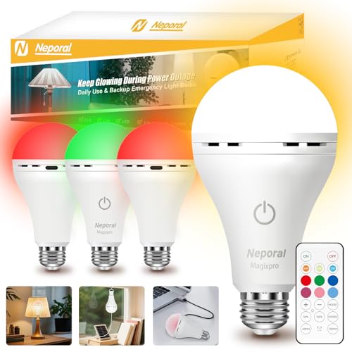 Neporal MagixPro RGB Remote Rechargeable Light Bulbs, Dual Recharge (USB & Socket Charging), Color Changing Dimmable LED Bulb, No Outlet Needed, Touch + Remote Control, Non Electric Lighting, 2 Pack - color: Rgb
