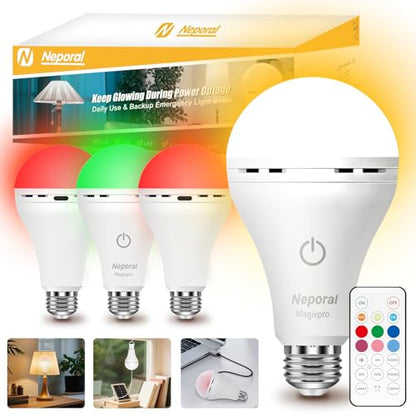 Neporal MagixPro RGB Remote Rechargeable Light Bulbs, Dual Recharge (USB & Socket Charging), Color Changing Dimmable LED Bulb, No Outlet Needed, Touch + Remote Control, Non Electric Lighting, 2 Pack - color: Rgb