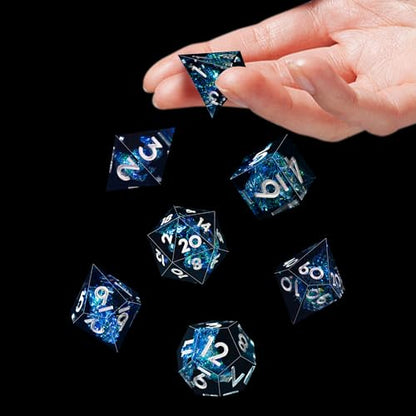 AUSTOR 7-Die DND Dice Set Handmade Sharp Edge Polyhedral Dice for Dungeons and Dragons D&D RPG MTG Table Games（Dark Star, Silver） - color: Dark Star,silver