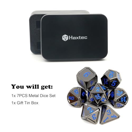 Haxtec Metal DND Dice Set, 7 Pcs Black Polyhedral Dice for Table Games | Blue Numbers D&D with Metal Case, Compatible with Dungeons and Dragons, Heavy Metallic 7 die, RPG Gifts for Board Games - color: Black Blue