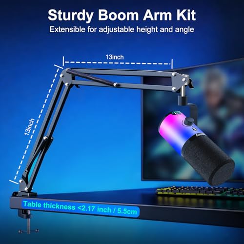 Aveek USB/XLR Dynamic Microphone with Boom Arm for Gaming & Streaming | RGB Lighting, Noise Cancellation, One-Touch Mute, Monitor Mix & Headphone Jack for PC & PS5