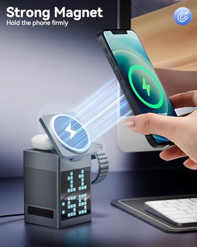 Vivilumens 3-in-1 Wireless Charging Station with Bluetooth Speaker, Pixel Digital Clock for Desk, Wireless MagSafe for iPhone 17/16/15, Apple Watch, AirPods, Fast Charging, Compact Desk Organizer - color: Grey
