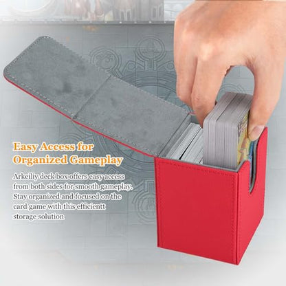 Arkeiliy Card Deck Box, 110+ Storage MTG Deck Box with 50 Pcs Card Sleeve, Collectible Trading Card Cases for Magic Commander and More (Red) - color: Red