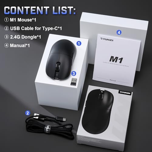 YUNZII M1 PAW3311 Sensor Wireless Gaming Mouse (Black) | 7-Level DPI Adjustment Up to 10000 DPI, Stable 1000Hz polling rate, 60g Lightweight Design, Easy Software for Win & Mac - color: Black