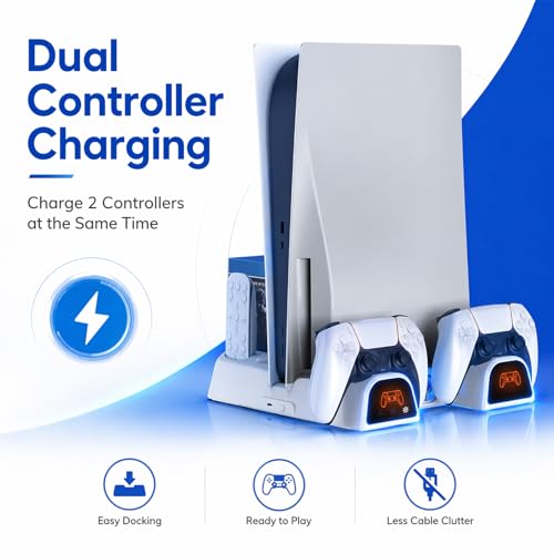 Cooling Station for PS5/Slim/Pro/Disc&Digital | Cooling Stand with Dual PS5 Controller Charging Station, 3 Levels Cooling Fan Multi-Function PS5 Accessories Slot and USB Hub - color: White 2
