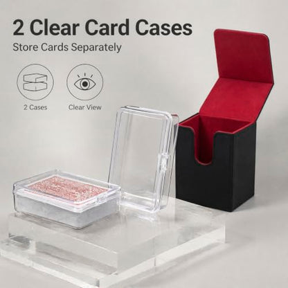 Playing Card Storage Box with 2 Small Plastic Card Cases, PU Leather Deck Box with Magnetic Closure, Portable Poker Card Holder for Standard Playing Cards, Game Cards, Tabletop Games