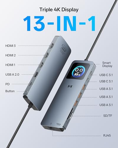 Selore Laptop Docking Station 3 Monitors USB C Docking Station 3 HDMI | Smart Display, Triple 4K HDMI, 2.5G Ethernet, 100W PD, 10Gbps USB A/C 3.1, SD/microSD Slot for Dell/HP/Lenovo Windows Laptops - color: Space Grey