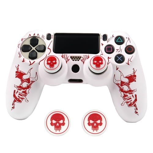 RALAN Horned Skull Head Design Controller Skin Cover with 2 Thumb Grips Compatible with PS4/Playstation 4 Slim/Pro Controller - color: Horned Skull White Red