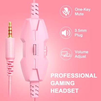 IMYB A88 Pink Gaming Headset with Mic for Ps5, Ps4, Pc Xbox One Series X/s | Stereo Wired Noise Cancelling Headphones with Microphone for Switch Computer, Laptop, Mac, Nintendo, Games (Pink)) - color: Pink