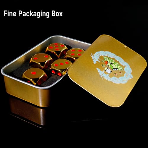 16mm Golden Metal Dice Set - 5-Piece Solid Iron Dice with Case, 6-Sided Metal Dice for Board Games, Poker Parties & Tabletop RPG - color: Gold