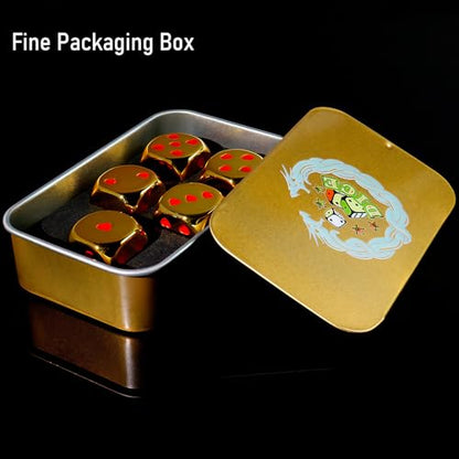 16mm Golden Metal Dice Set - 5-Piece Solid Iron Dice with Case, 6-Sided Metal Dice for Board Games, Poker Parties & Tabletop RPG - color: Gold