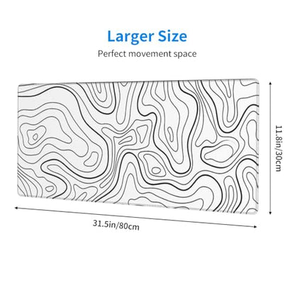 Large Gaming Mouse Pad Desk Mat, White Topographic Contour Extended Keyboard Mouse Pad Mousepad with Non-Slip Base and Stitched Edge Mouse Mat Desk Pad Mouse Pads for Desk Home Office, 31.5 x 11.8 - color: Topographic Contour White