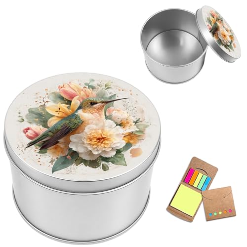 Metal Round Storage Containers Box with Lid, Metal Tins Organizer Box for Earring Jewelry Craft Trinket Keys Watch, Blooming Hummingbird Design Decorative Storage Case with Notepad - color: Blooming Hummingbird