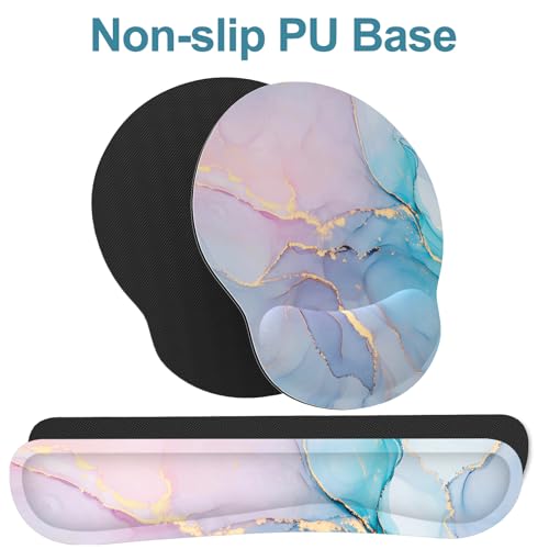 Ergonomic Mouse Pad with Wrist Rest and Keyboard Wrist Rest, Mousepad and Wrist Rest for Computer Keyboard, Non-Slip Rubber Base, Mouse Pad with Wrist Support for Gaming, Office, Pink Blue Marble - color: Cyan Pink Marble