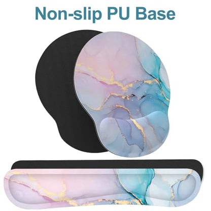 Ergonomic Mouse Pad with Wrist Rest and Keyboard Wrist Rest, Mousepad and Wrist Rest for Computer Keyboard, Non-Slip Rubber Base, Mouse Pad with Wrist Support for Gaming, Office, Pink Blue Marble - color: Cyan Pink Marble