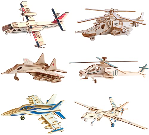 3D Wooden Puzzle - 6 Piece Set Aircraft & Helicopter Wooden Crafts Assembly Building Model Kits - Wood Aircraft & Helicopter STEM DIY Brain Teaser Puzzle for Adults & Teens Christmas Birthday Gifts - style: Aircraft & Helicopter