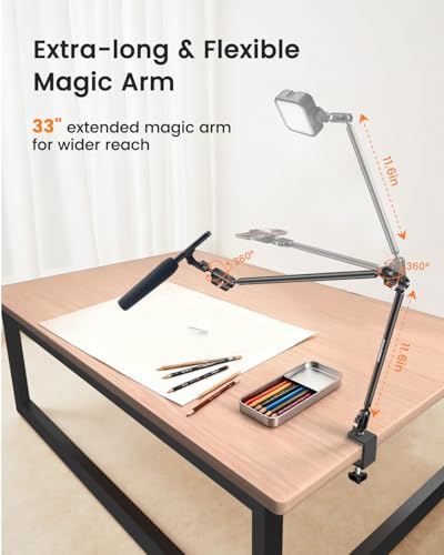 CAMBOFOTO 33" Magic Arm Phone Desk Clamp, Overhead Camera Mount, Boom Arm | Webcam Arm with 1/4" Screw, Stable C-clamp, Phone Holder/Action Cam Adapter Included, Long Phone Arm for POV Shot, Mic, Light