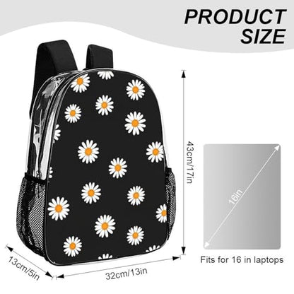 Stadium Approved Clear PVC Backpack Reinforced Straps | Water Resistant, Daisy Black, Stadium Approved, Transparent Beach Bag, with Mesh Side Storage Pockets - color: Pattern (510)