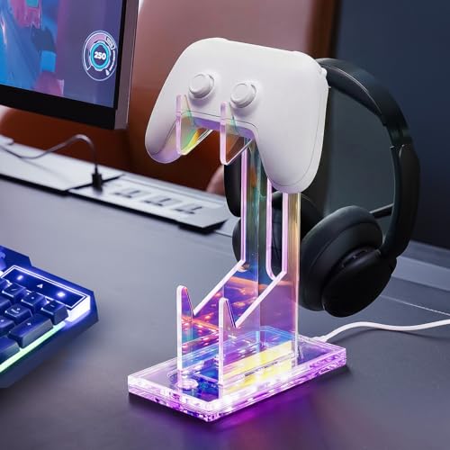 NiHome Controller Holder & Headphone Stand, LED Acrylic 2-Tier Gaming Desk | USB-Powered 7 Colors 3 Modes, Anti-Slip Headset Cable Management, Gamer Gift For PS5 Xbox - size: 2-Tier