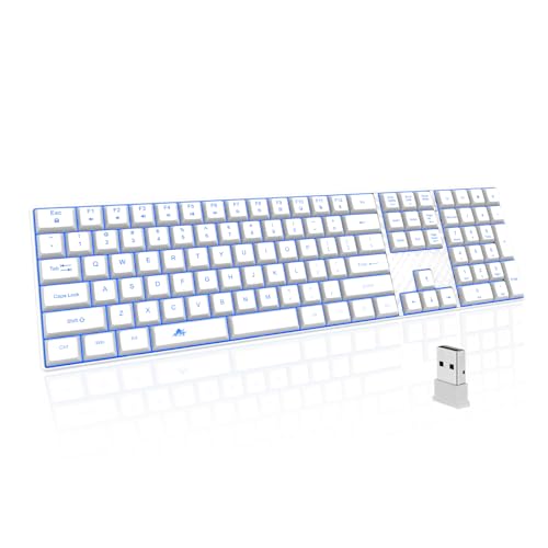 POWZAN Wireless Backlit Keyboard Quiet - Computer Rechargeable Ergonomic Light UP Keyboard, Silent Keys Full Size Compatible for Windows, Desktop, Laptop, PC, Gaming, PS5 - White - color: White