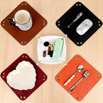 5 Pack Tray Catchall Dishes Mat Bundle with Rolling Cubes Dice & Card Game | Smooth PU Leather, Four-Corner Snap Assembly, Spill Resistant Surface, Compact Foldaway Storage, Lightweight, Damp Cloth Wipe