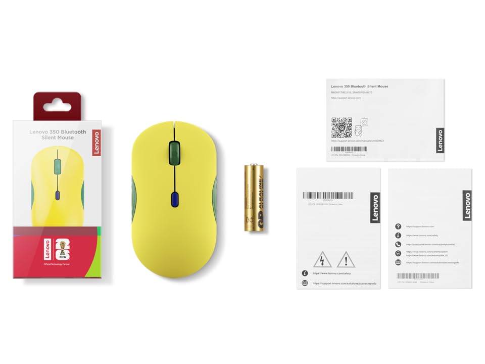 Lenovo 350 Bluetooth Silent Mouse (Fan Edition), Wireless Ergonomic Ambidextrous Design, Bluetooth 5.3, Adjustable DPI up to 2400, 36 Month Battery Life, Recycled Materials, Brazil Flag - color: Brazil Flag