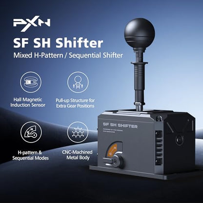 PXN SF SH Sim Racing Shifter, H-Pattern & Sequential Dual Mode | Hall Effect Sensor, Aluminum Alloy Body, 6+2+R Gears, Adjustable Resistance, Compatible with PC & PXN Racing Wheel Base