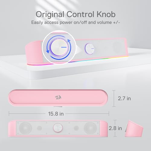 Redragon GS560 RGB Desktop Soundbar, Dynamic Lighting Bar with Audio Sync | 2.0 Stereo Enhanced Auido Quality, Touch-Control Backlit, Volume Knob, Plug & Play USB Powered Computer Speaker - color: Pink