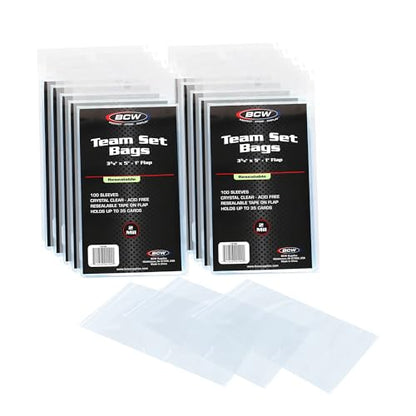 BCW Resealable Team Set Bags for Trading Cards, 100 Count | Holds up to 35 loose cards, 5 standard 35 pt toploaders, or magnetics up to 108 pt with an adhesive flap closure. - size: 1000 Pack
