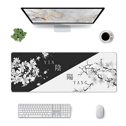 Japanese Black White Cherry Blossom Gaming Mouse Pad XL Extended Large Mousepad with Nonslip Rubber Base Stitched Edges Laptop Computer Keyboard Desk Mat for Office Home Gamer - color: Japanese Black White Cherry Blossom, size: 31.5" x 11.8"