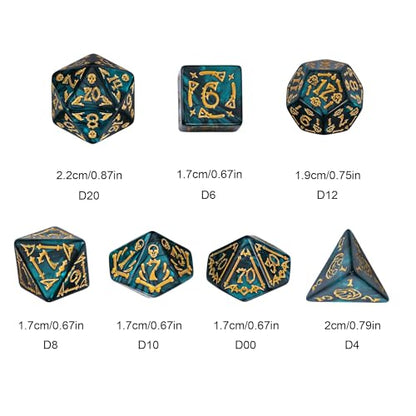 7-Die DND Dice Set Scary Pattern Polyhedral Dice Set with Leather Bag, Skull Dice D&D Dice Set for RPG Table Games.(Scary Pattern-Green) - color: Halloween Pattern-green