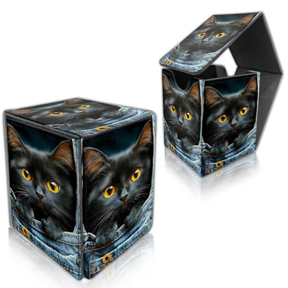 for MTG Deck Box, Trading Card Storage Case Holds 100+ Sleeved Cards, Black Kitten in Denim Pocket Magnetic Closure Durable Deck Holder for Magic The Gathering, TCG & Commander - color: Black Kitten in Denim Pocket