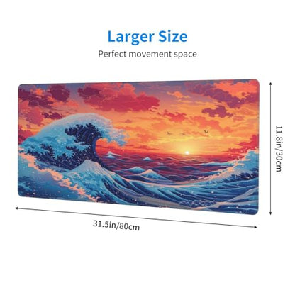 Gaming Mouse Pad Desk Pad,Extended Big Mouse Pad,31.5x11.8 Inch Long Computer Keyboard Mouse Mat Mousepad with 3mm Non-Slip Base and Stitched Edge for Gaming and Office… (Sunset Wave) - color: Sunset Wave