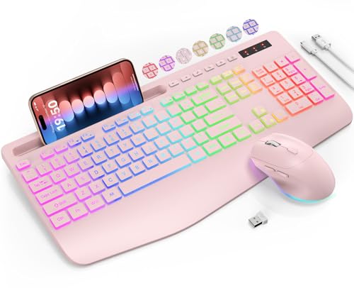 Wireless Keyboard and Mouse Combo, 9 Backlit Effects, RGB, 2.4GHz | Ergonomic Wrist Rest, Phone Holder, Rechargeable, Full Size, KM22 MAX Silent Set for Computer, Laptop, Mac, Windows (Pink) - color: Creamy Pink