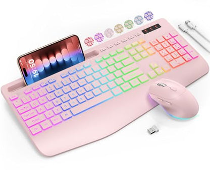 Wireless Keyboard and Mouse Combo, 9 Backlit Effects, RGB, 2.4GHz | Ergonomic Wrist Rest, Phone Holder, Rechargeable, Full Size, KM22 MAX Silent Set for Computer, Laptop, Mac, Windows (Pink) - color: Creamy Pink